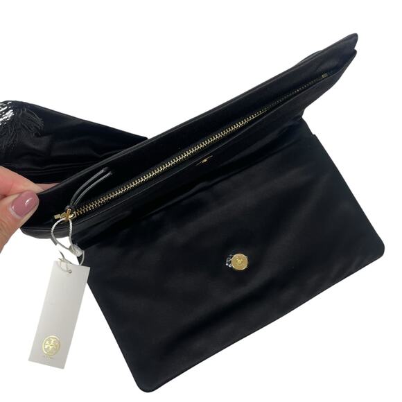 Tory Burch Eleanor Satin Bow Evening Clutch Bag Black - Picture 10 of 14